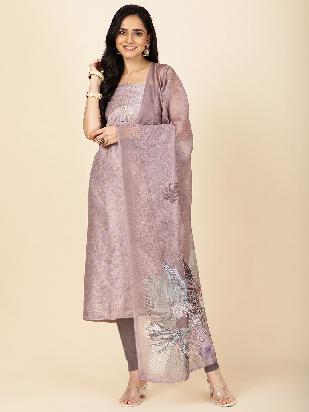 

Meena Bazaar Striped Zari Unstitched Dress Material, Grey