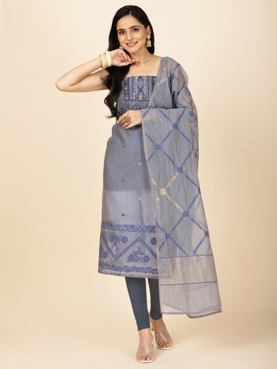 

Meena Bazaar Floral Embroidered Sequinned Art Silk Unstitched Dress Material, Blue