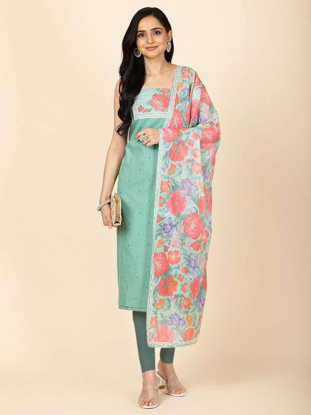 

Meena Bazaar Floral Printed Unstitched Dress Material, Sea green