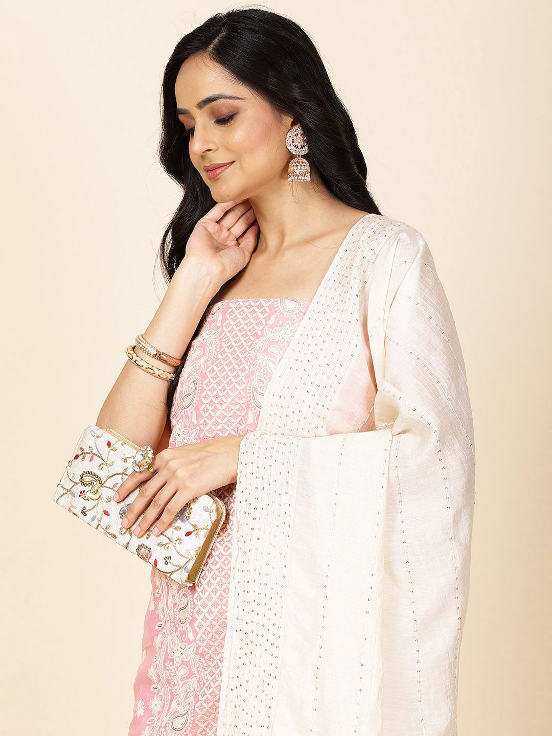 

Meena Bazaar Floral Embroidered Art Silk Unstitched Dress Material, Pink