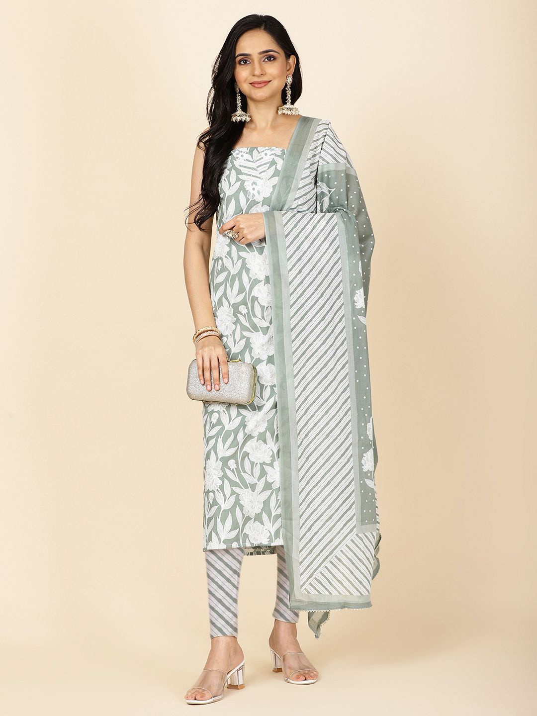 

Meena Bazaar Floral Printed Unstitched Dress Material, Green
