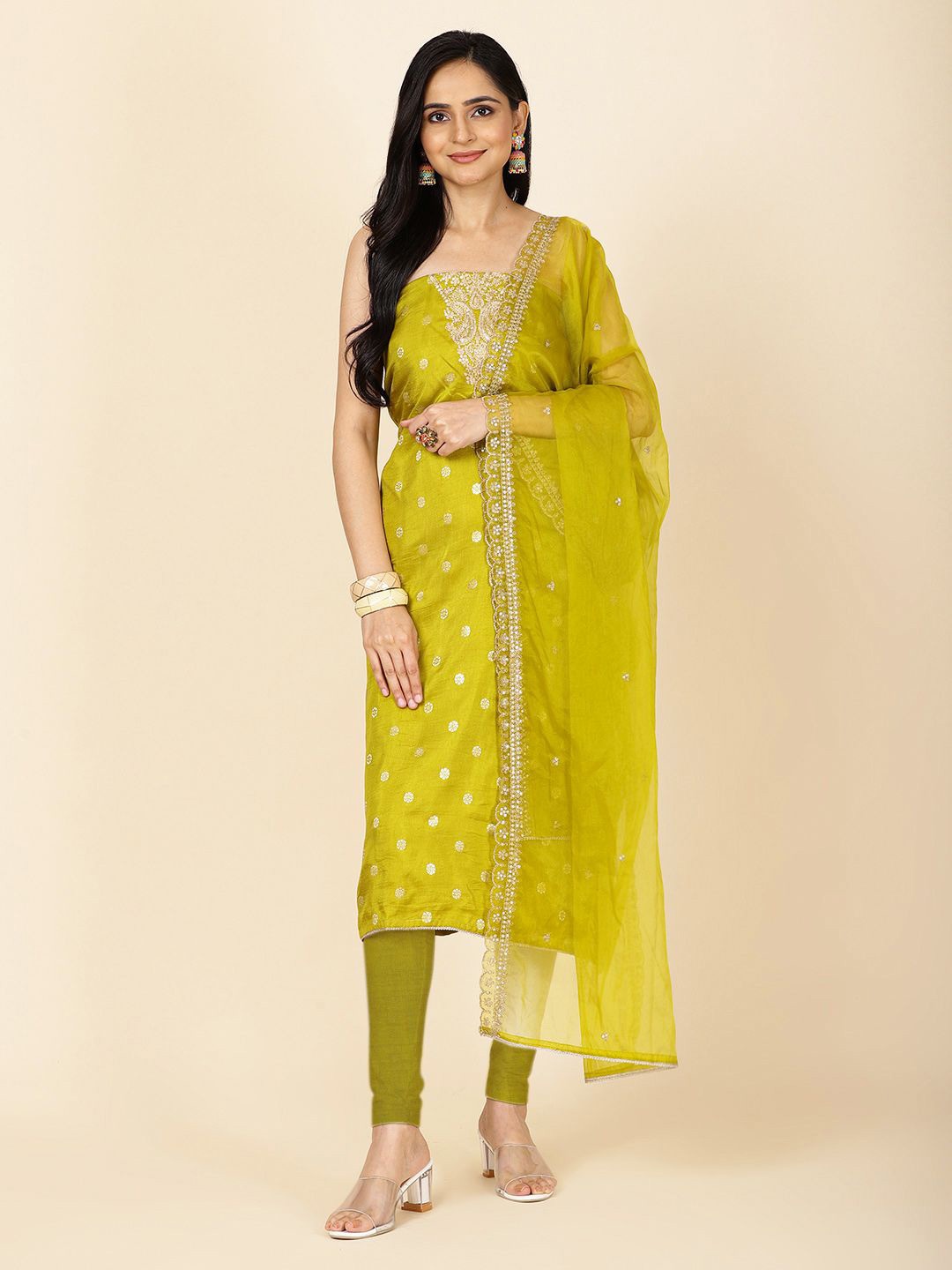 

Meena Bazaar Floral Embroidered Art Silk Unstitched Dress Material, Green