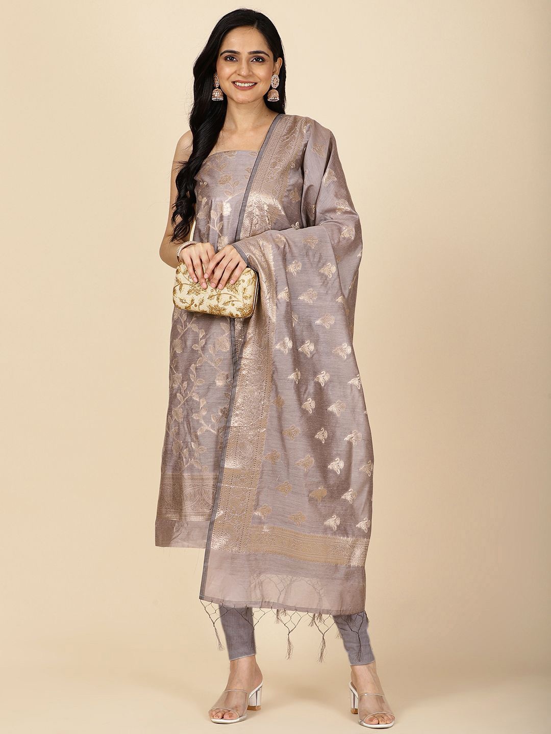 

Meena Bazaar Floral Woven Design Art Silk Unstitched Dress Material, Grey