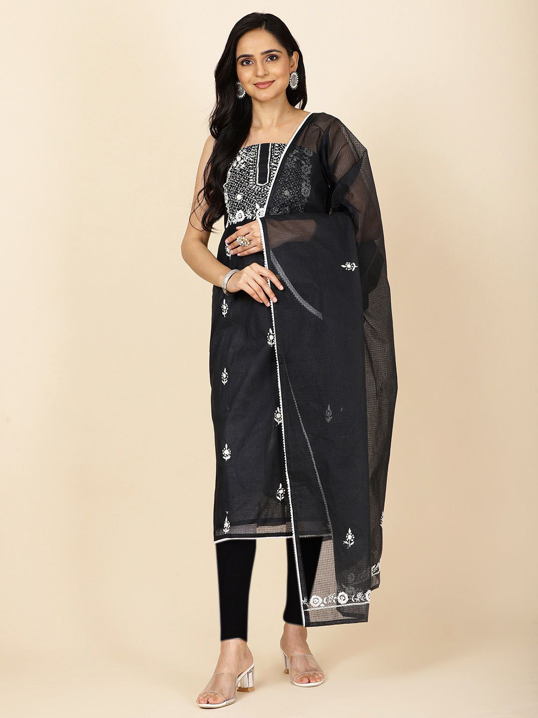 

Meena Bazaar Floral Embroidered Unstitched Dress Material, Black