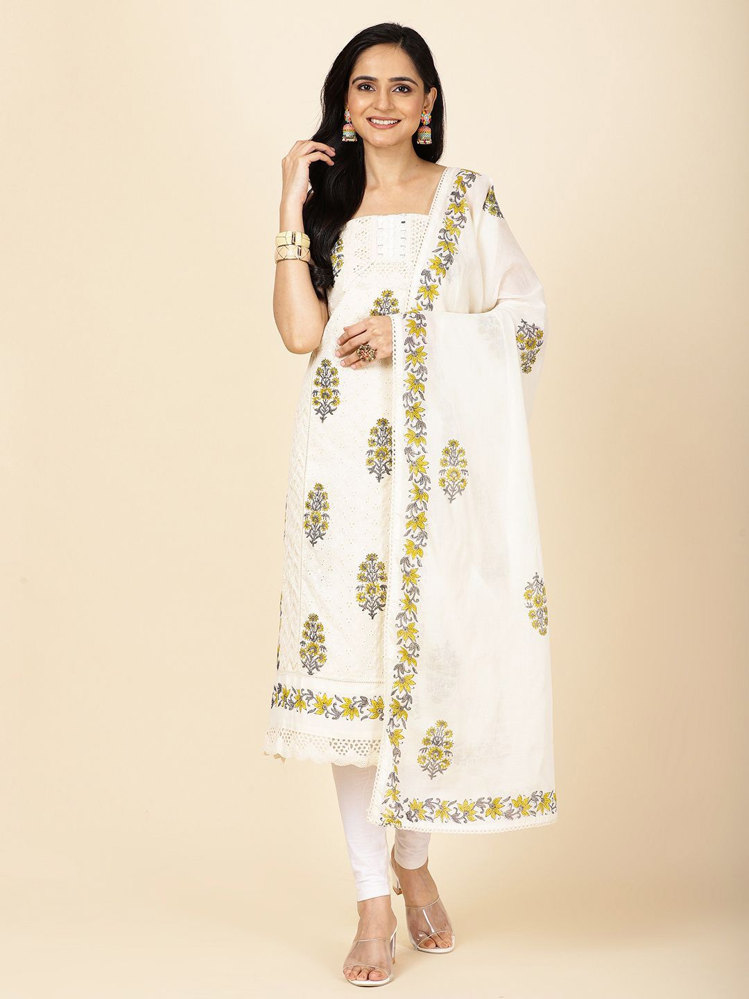 

Meena Bazaar Floral Embroidered Unstitched Dress Material, Cream