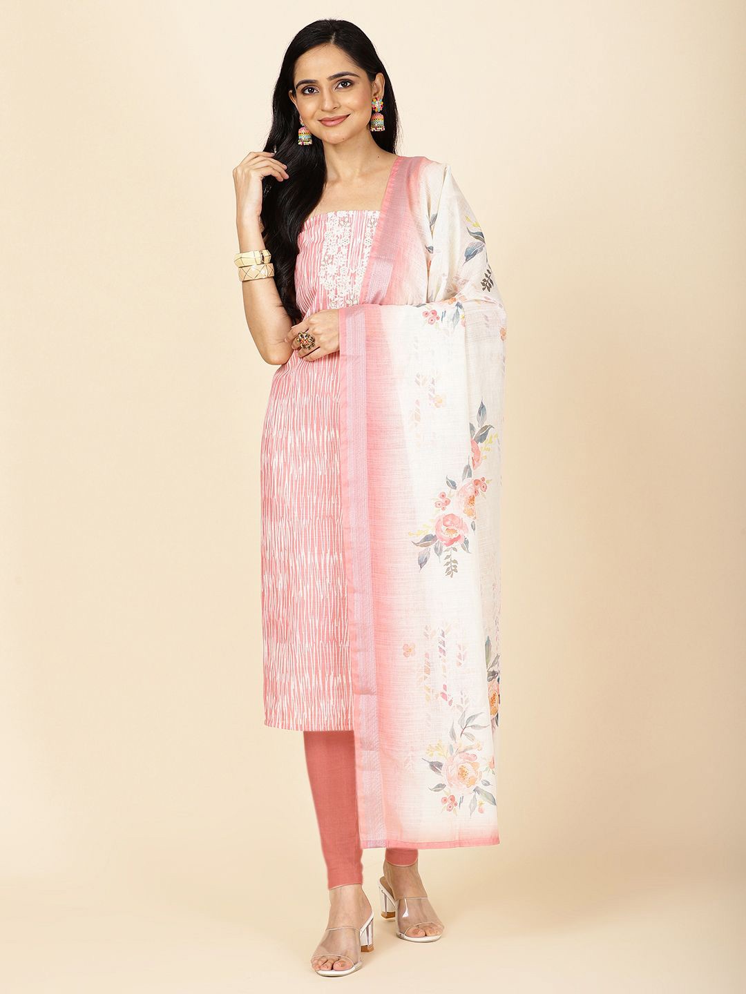 

Meena Bazaar Abstract Printed Embelished Linen Unstitched Dress Material, Peach