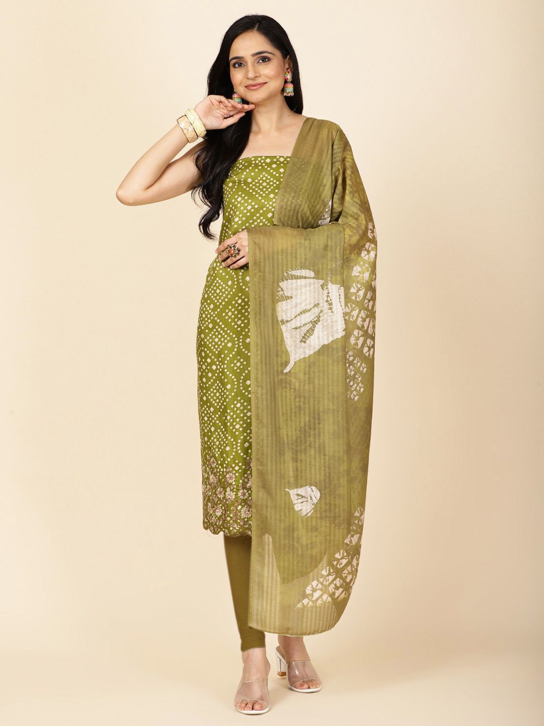 

Meena Bazaar Bandhani Printed Unstitched Dress Material, Green