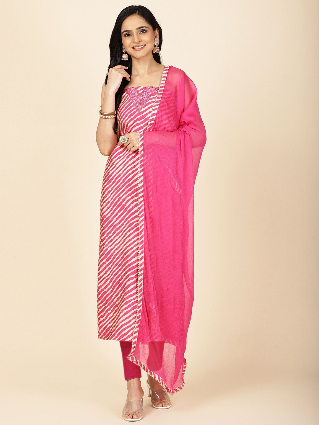 

Meena Bazaar Striped Mirror Work Unstitched Dress Material, Pink