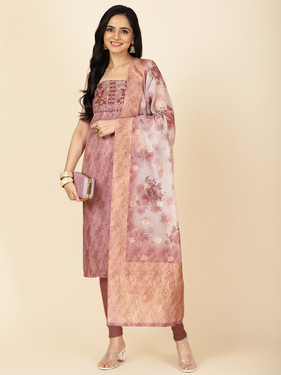 

Meena Bazaar Floral Printed Beads and Stones Unstitched Dress Material, Peach