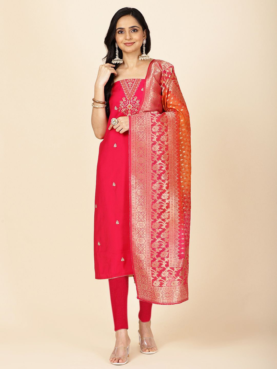 

Meena Bazaar Floral Embroidered Sequinned Art Silk Unstitched Dress Material, Pink