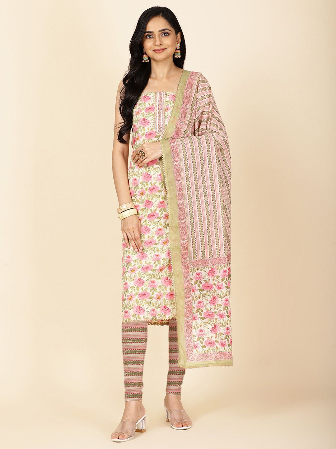 

Meena Bazaar Floral Printed Unstitched Dress Material, Cream