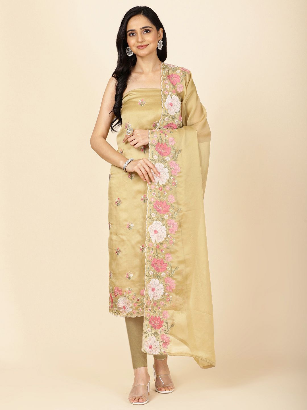 

Meena Bazaar Floral Embroidered Unstitched Dress Material, Yellow