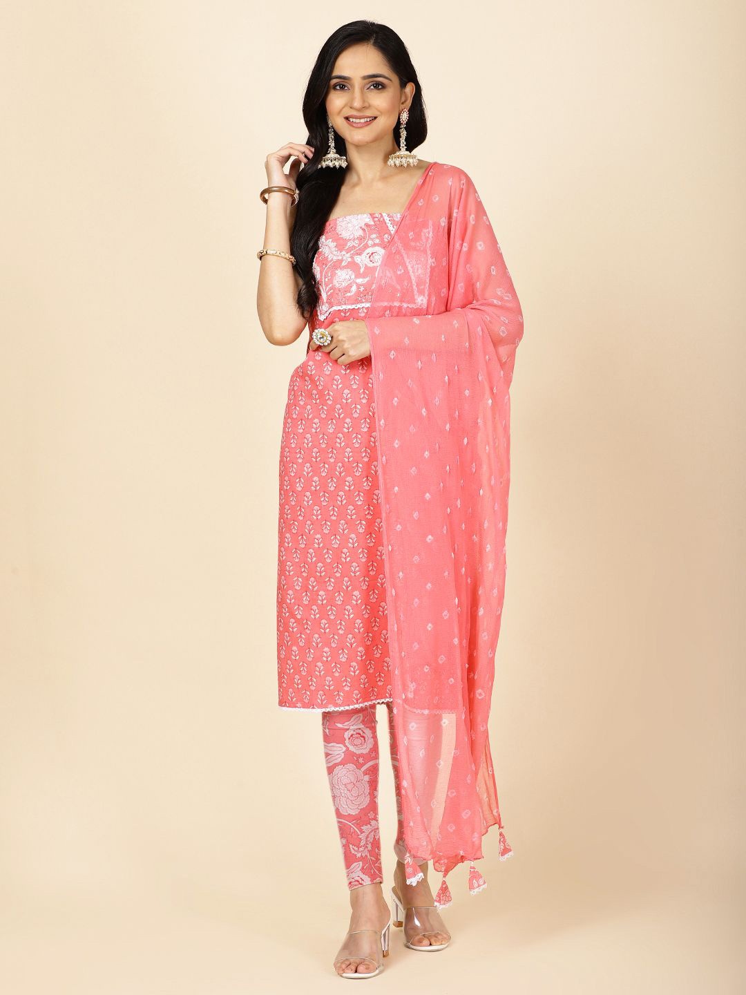 

Meena Bazaar Ethnic Motifs Printed Unstitched Dress Material, Coral