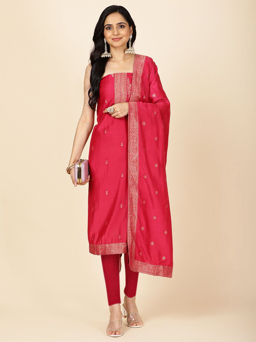 

Meena Bazaar Floral Woven Design Zari Art Silk Unstitched Dress Material, Pink