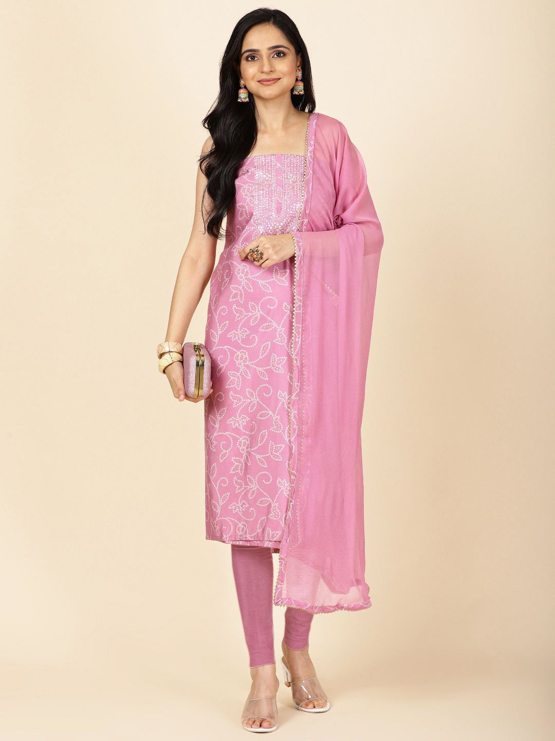 

Meena Bazaar Bandhani Printed Mirror Work Unstitched Dress Material, Mauve