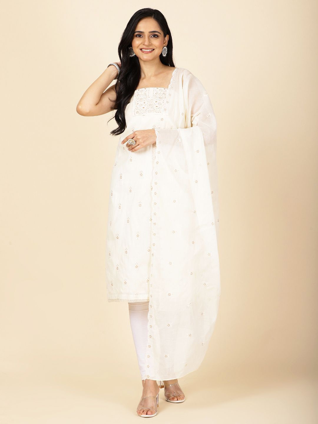

Meena Bazaar Floral Embroidered Unstitched Dress Material, Cream