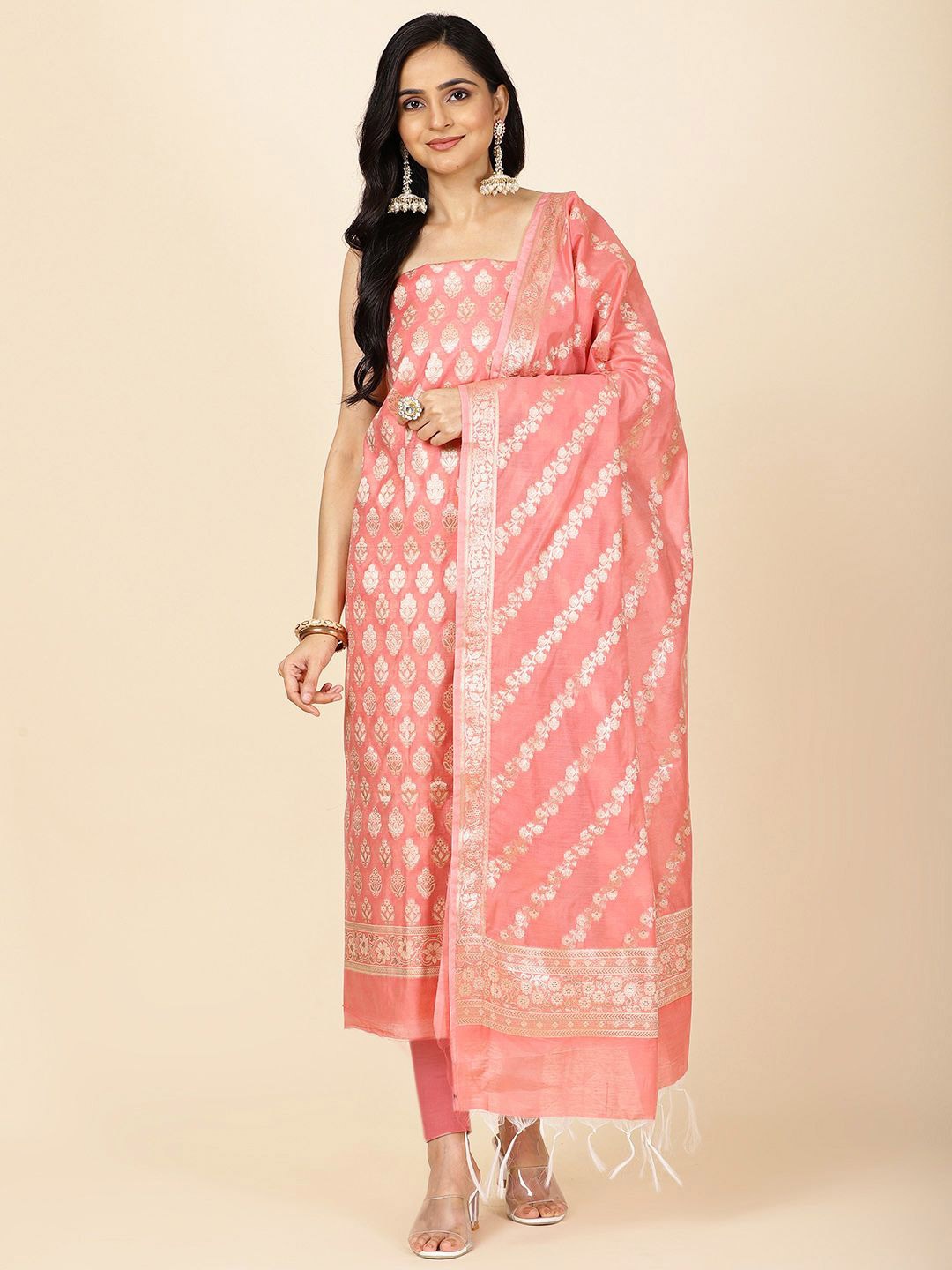 

Meena Bazaar Ethnic Motifs Woven Design Unstitched Dress Material, Peach