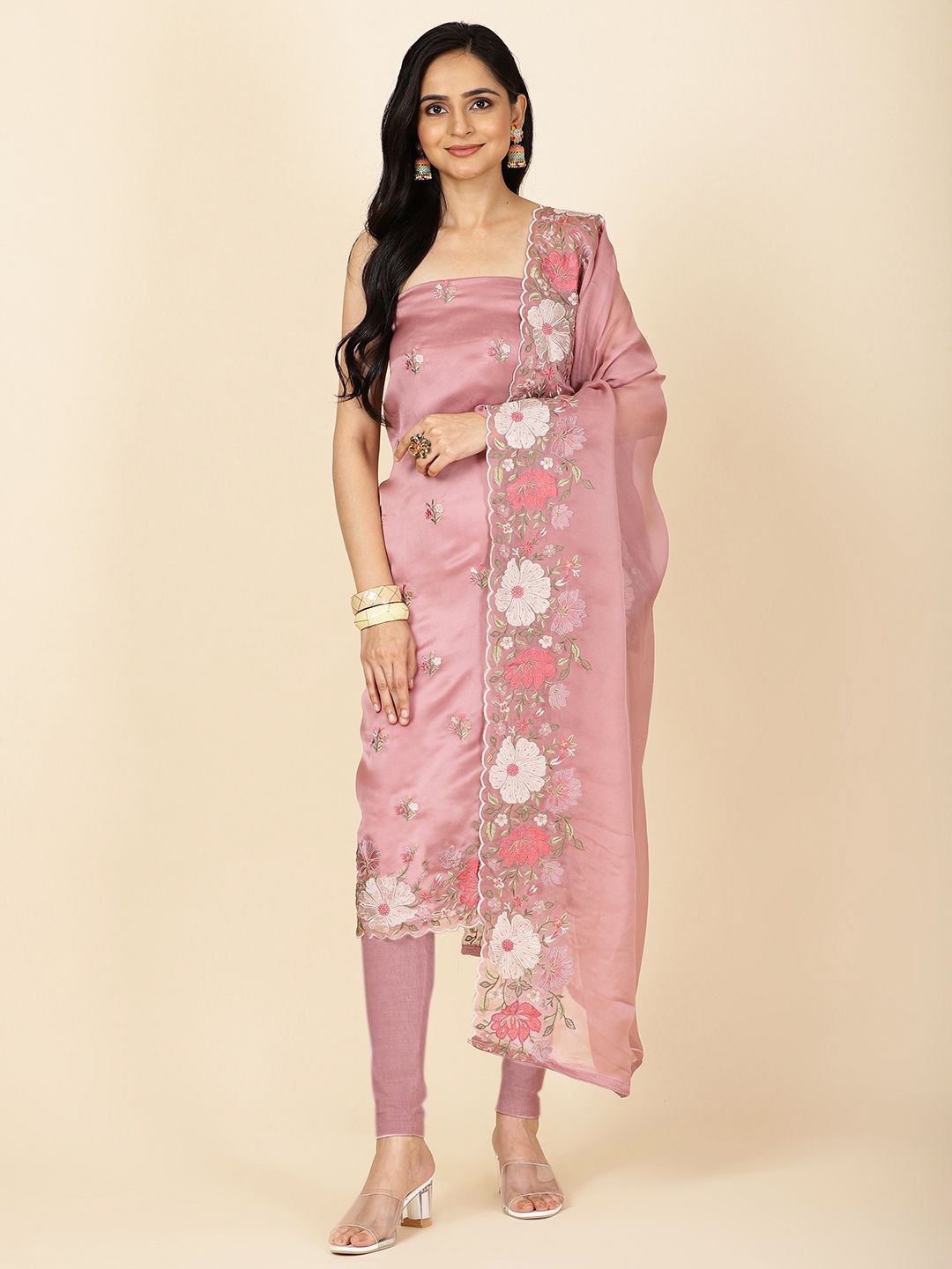 

Meena Bazaar Floral Embroidered Unstitched Dress Material, Pink