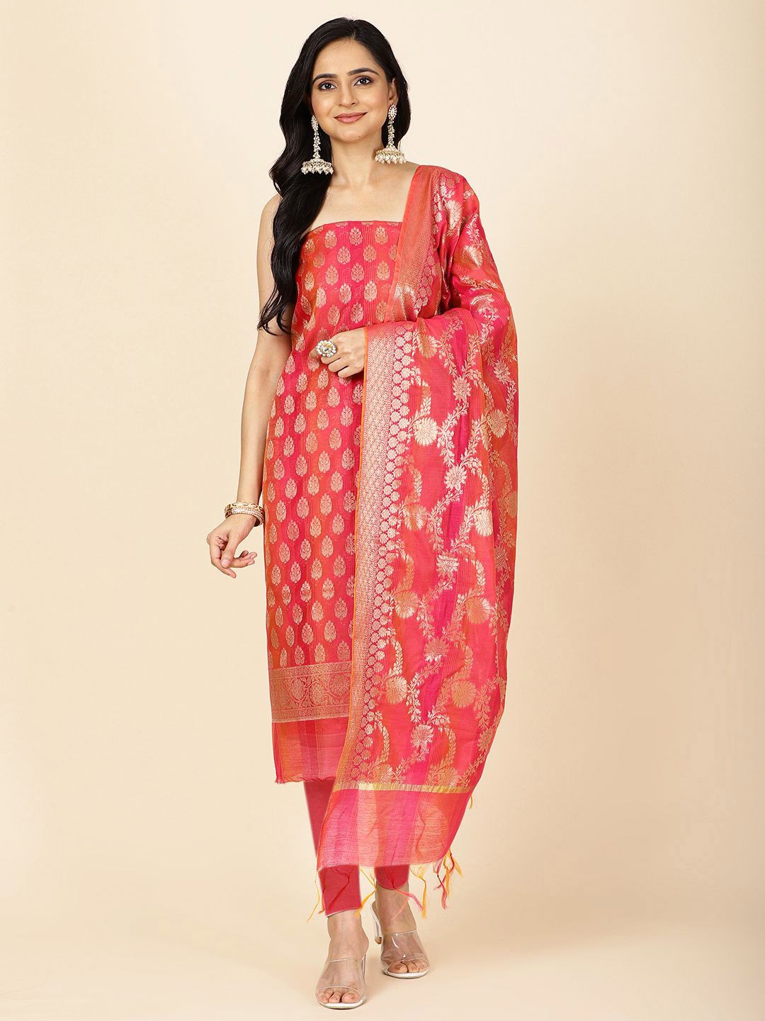 

Meena Bazaar Ethnic Motifs Woven Design Zari Art Silk Unstitched Dress Material, Pink