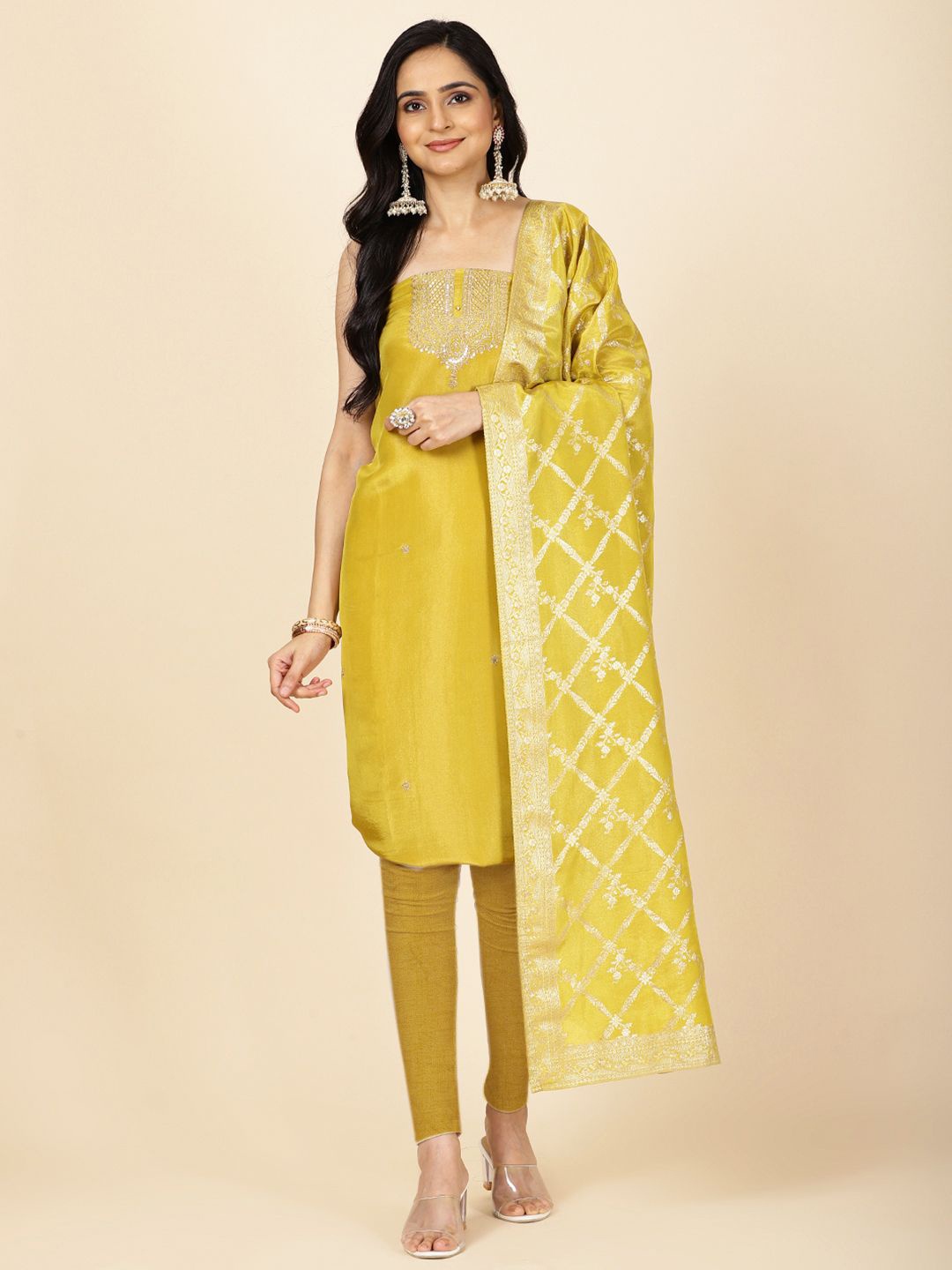 

Meena Bazaar Ethnic Motifs Woven Design Zari Art Silk Unstitched Dress Material, Yellow