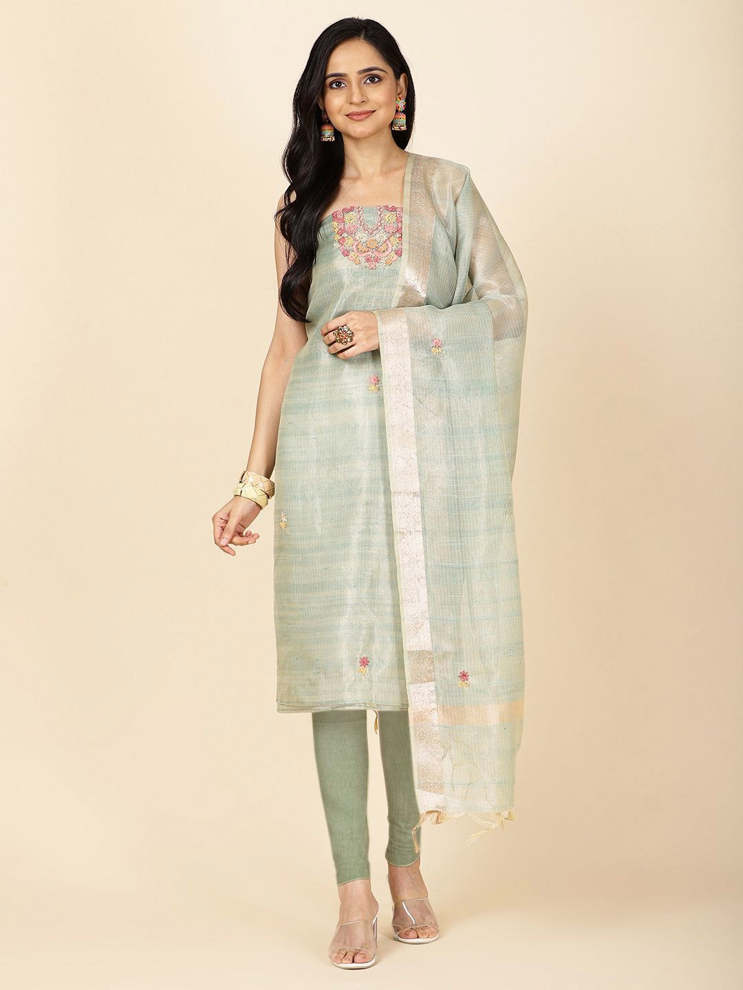 

Meena Bazaar Floral Embroidered Unstitched Dress Material, Blue