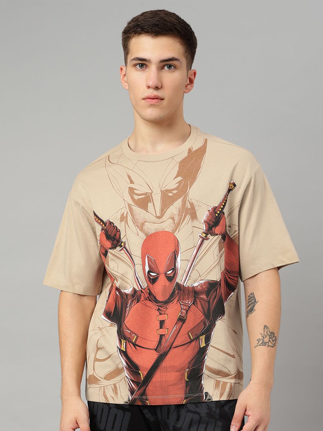 

Free Authority Deadpool Printed Pure Cotton Oversized T-Shirt, Beige