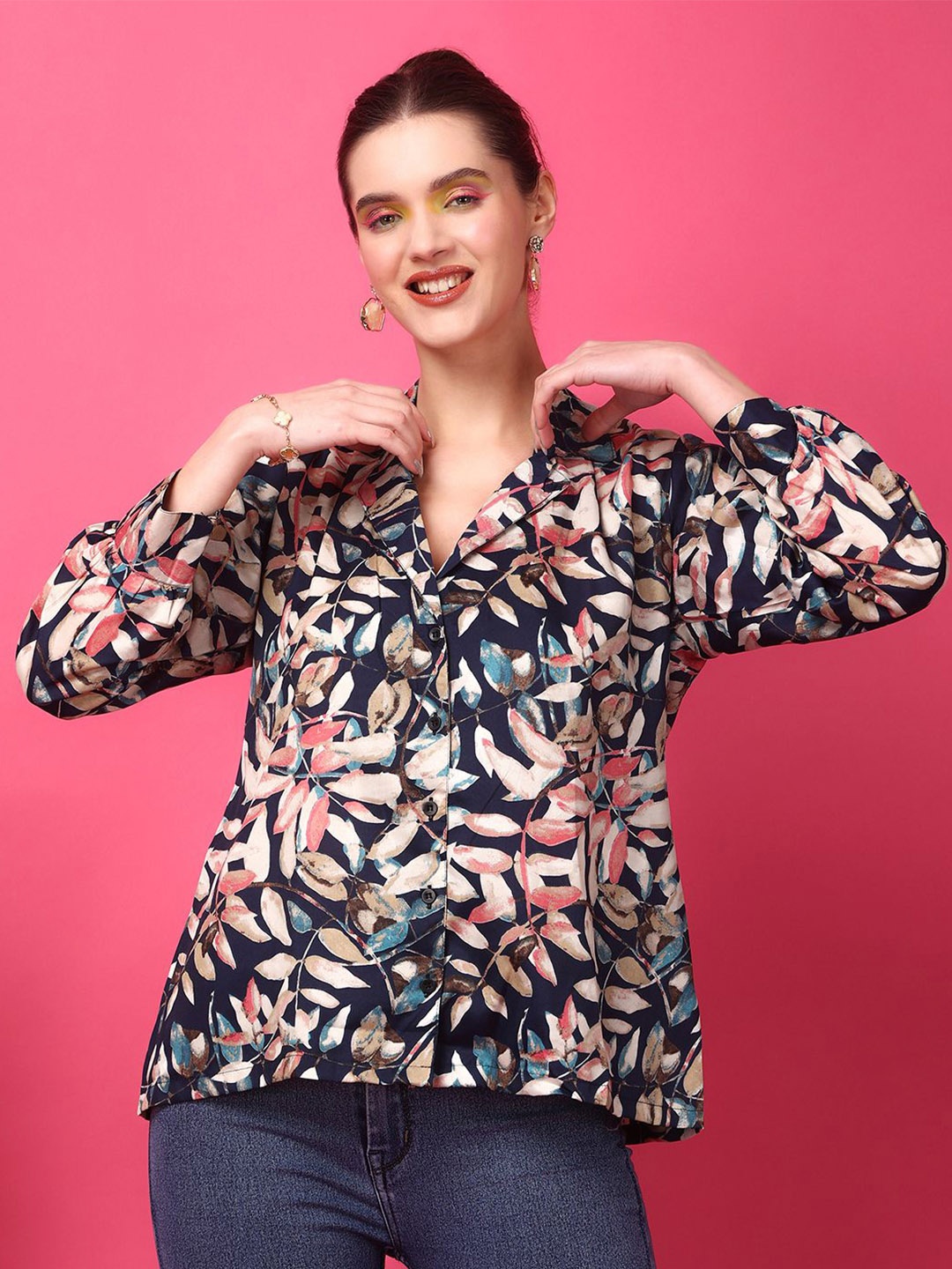 

BAESD Women Floral Opaque Printed Casual Shirt, Navy blue