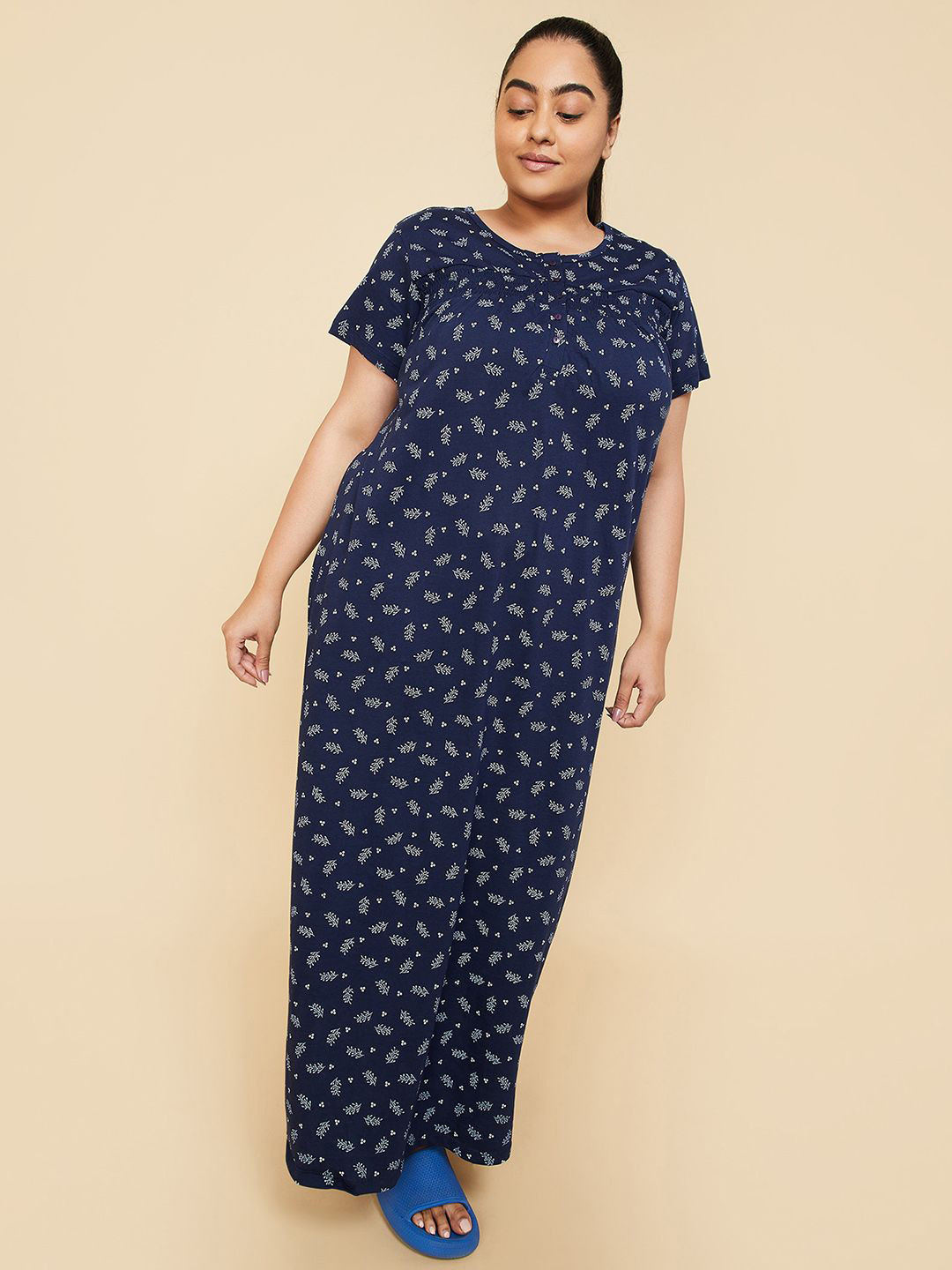 

max Plus Size Floral Printed Round Neck Short Sleeves Pure Cotton Maxi Nightdress, Blue