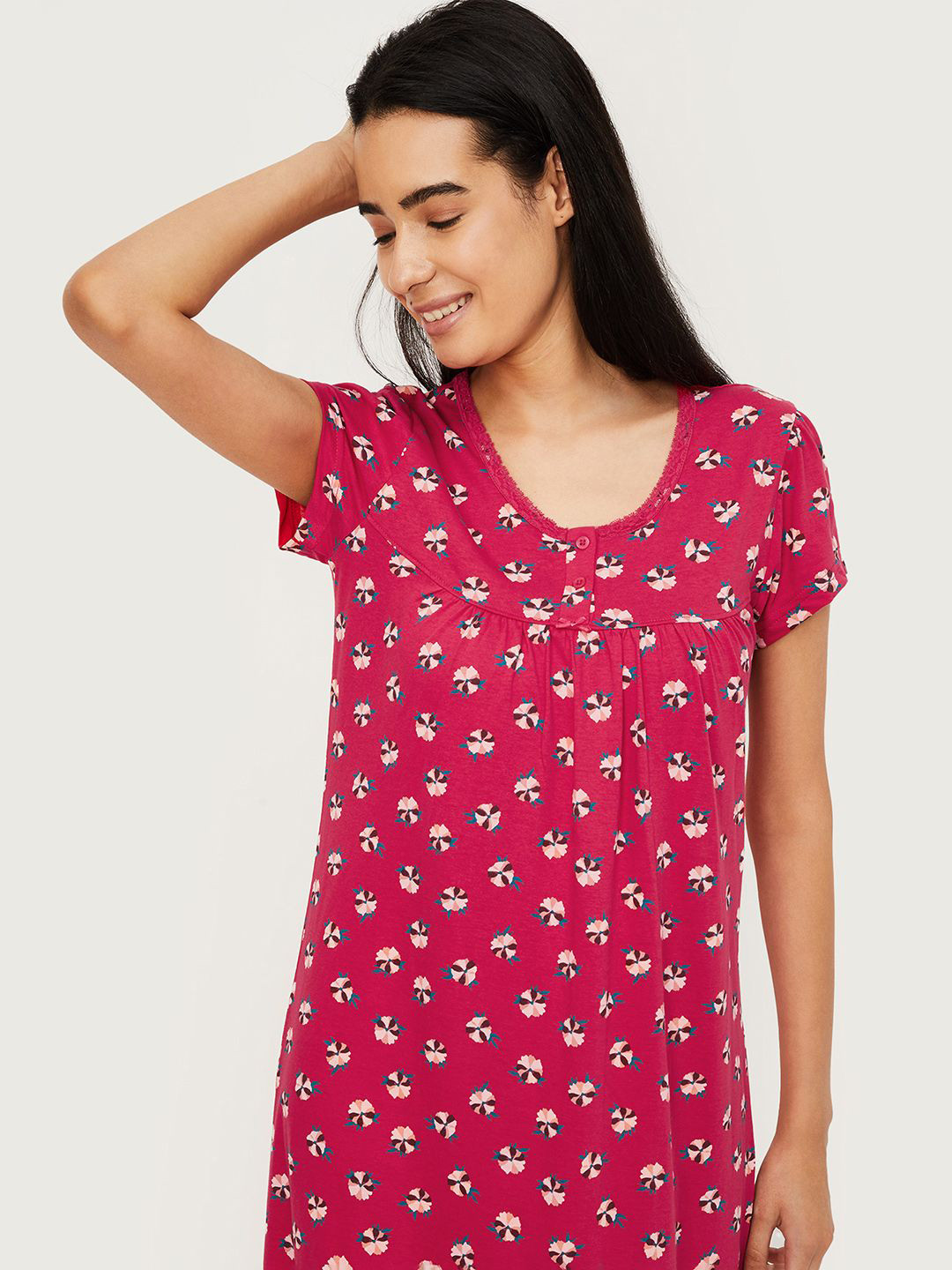 

max Women Floral Printed Nightgown, Red