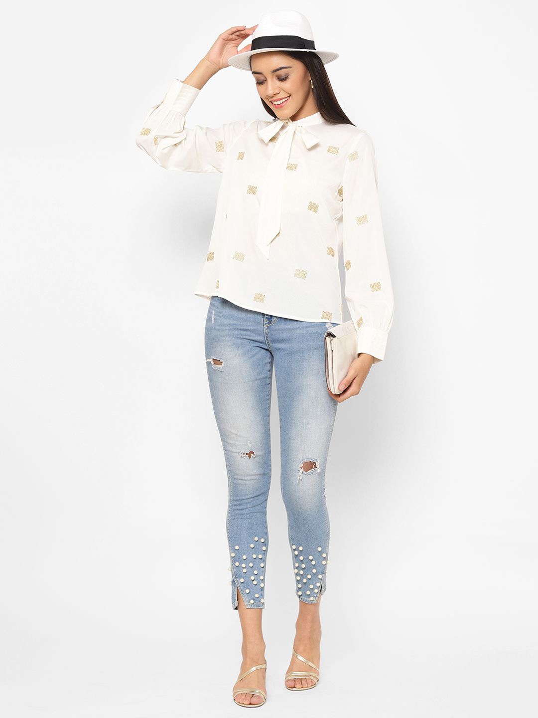

HOUSE OF KKARMA Tie-Up Neck Cuffed Sleeves Regular Embroidered Top, Off white