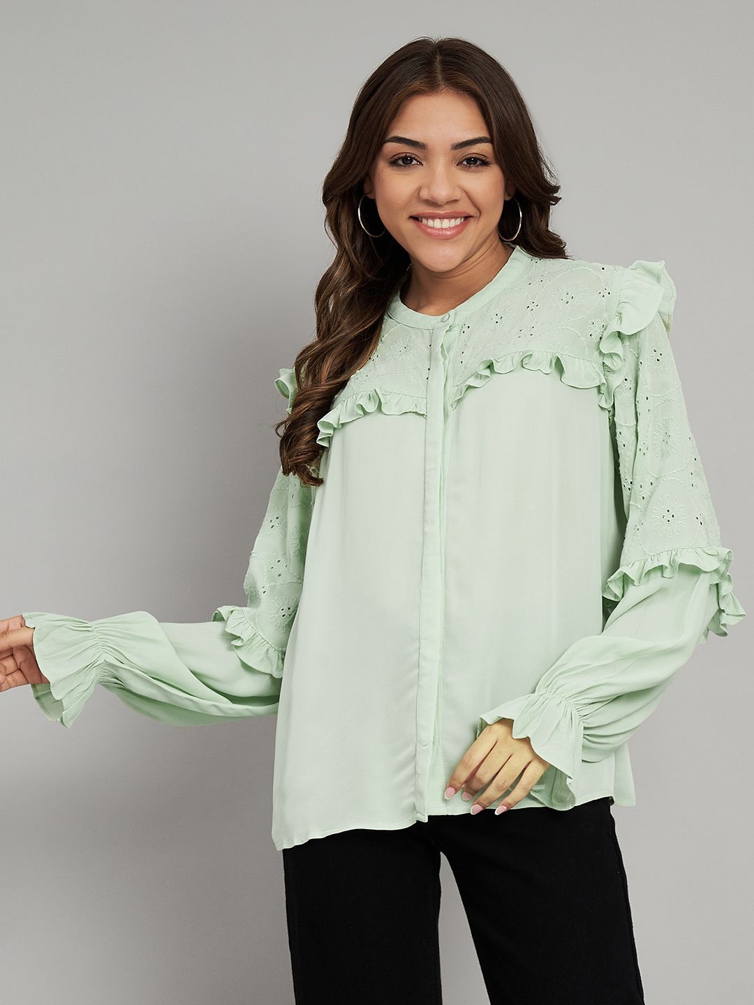 

Amagyaa Mandarin Collar Georgette Shirt Style Top, Sea green