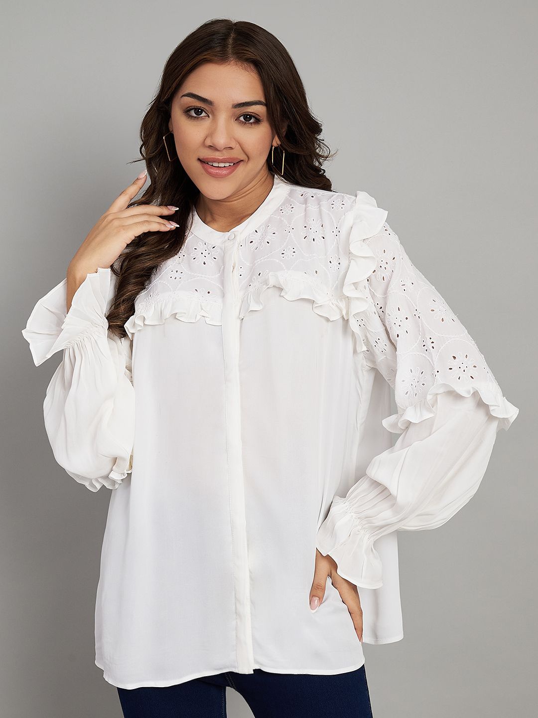 

Amagyaa Mandarin Collar Georgette Shirt Style Top, White