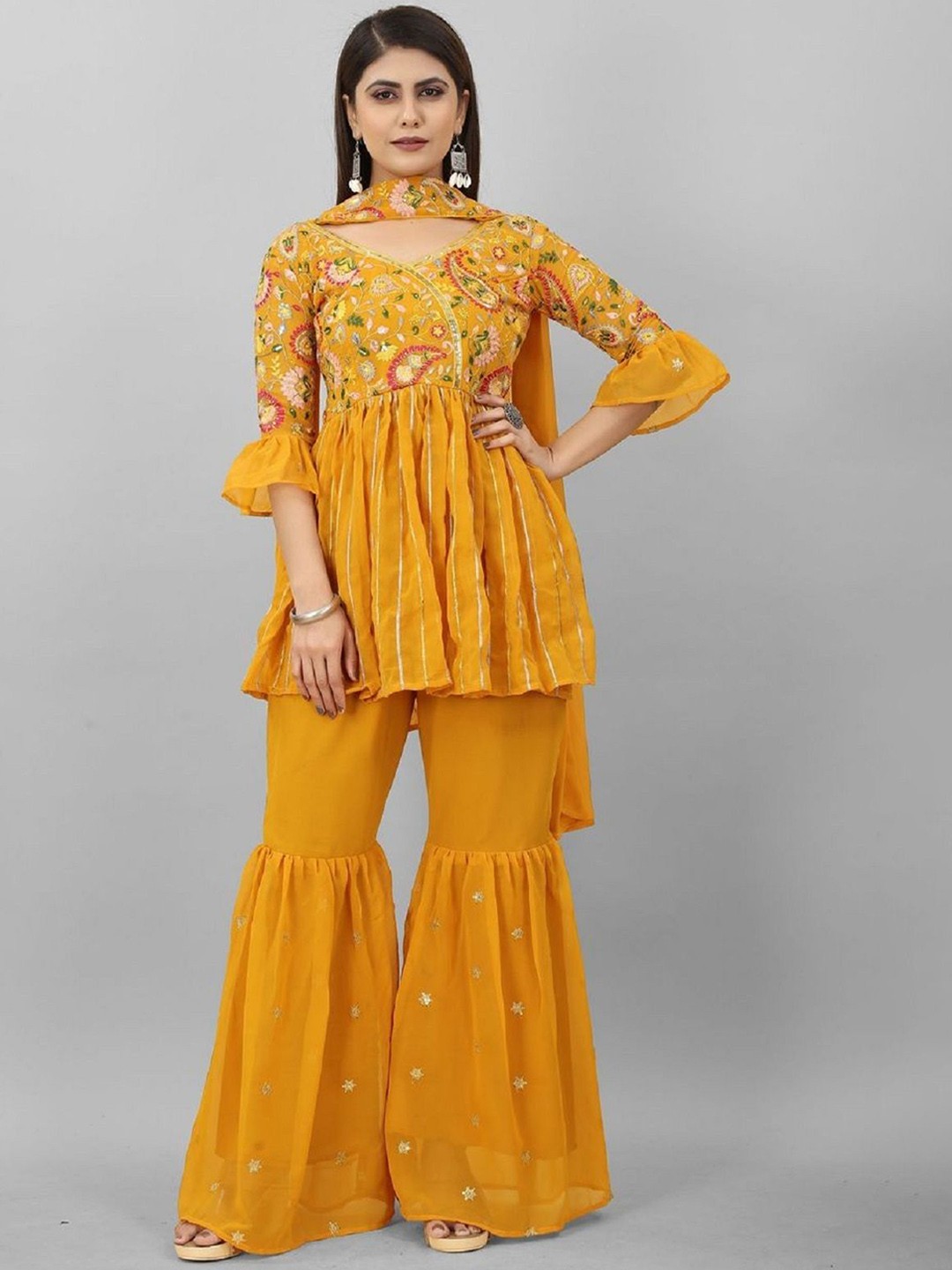 

Fashion Basket Floral Embroidered Empire Thread Work Anarkali Kurta With Sharara & Dupatta, Yellow