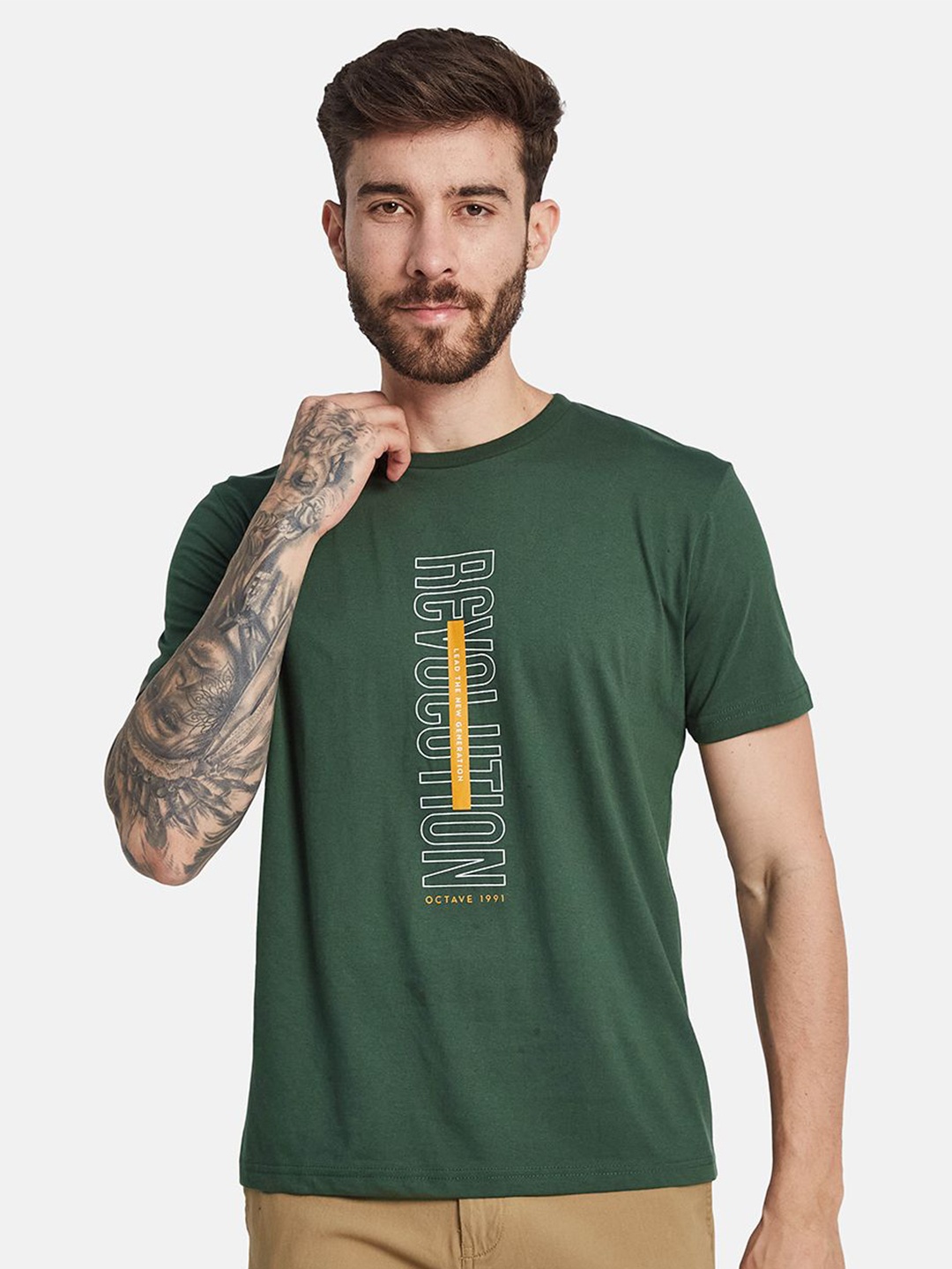 

Octave Men Typography Printed Round Neck T-shirt, Olive