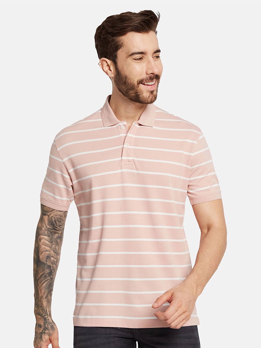 

Octave Men Striped Polo Collar T-shirt, Pink