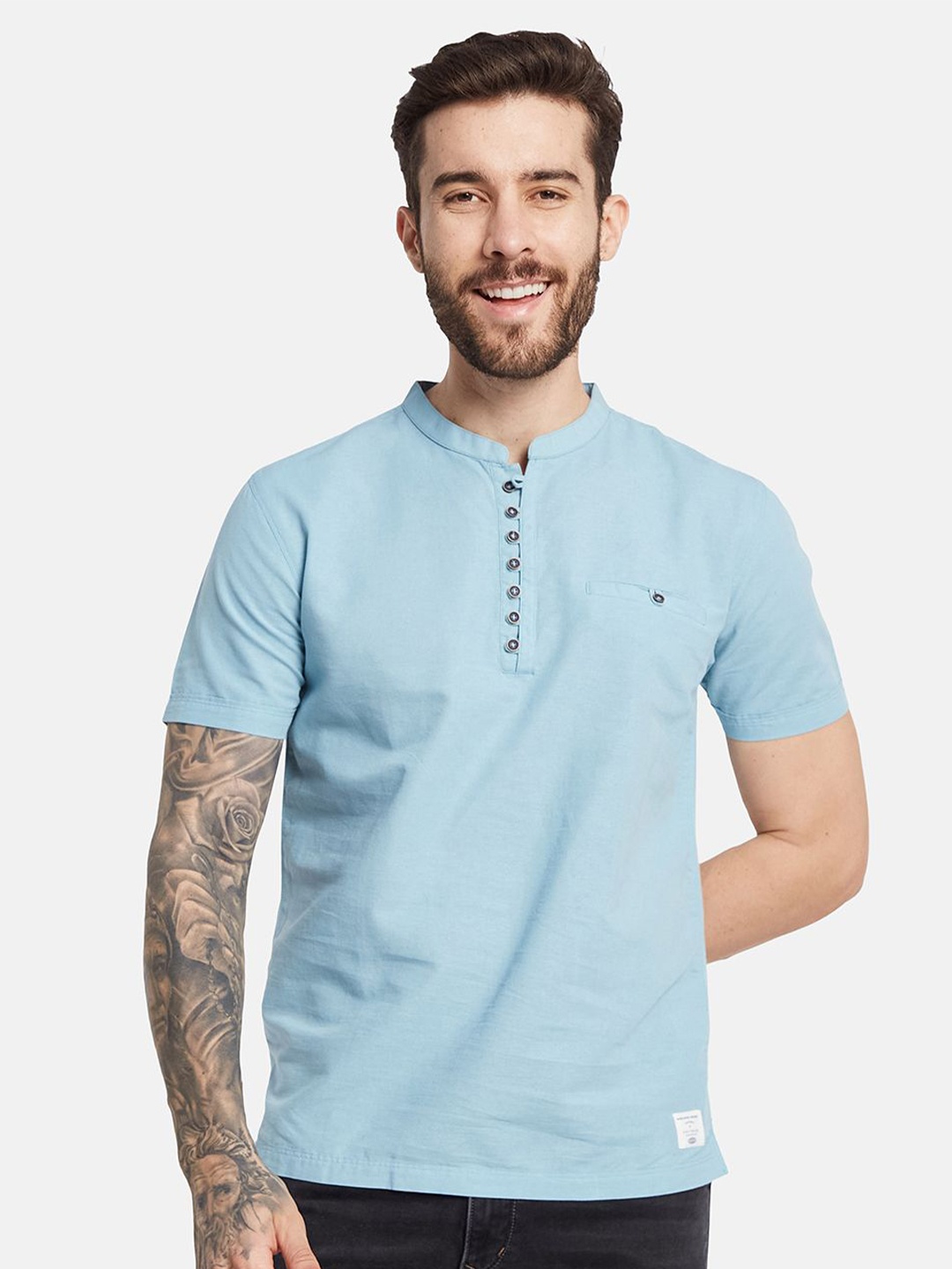 

Octave Men Solid Mandarin Collar Pockets T-shirt, Blue