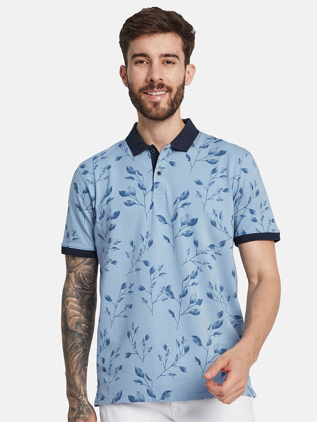 

Octave Men Tropical Printed Polo Collar T-shirt, Blue