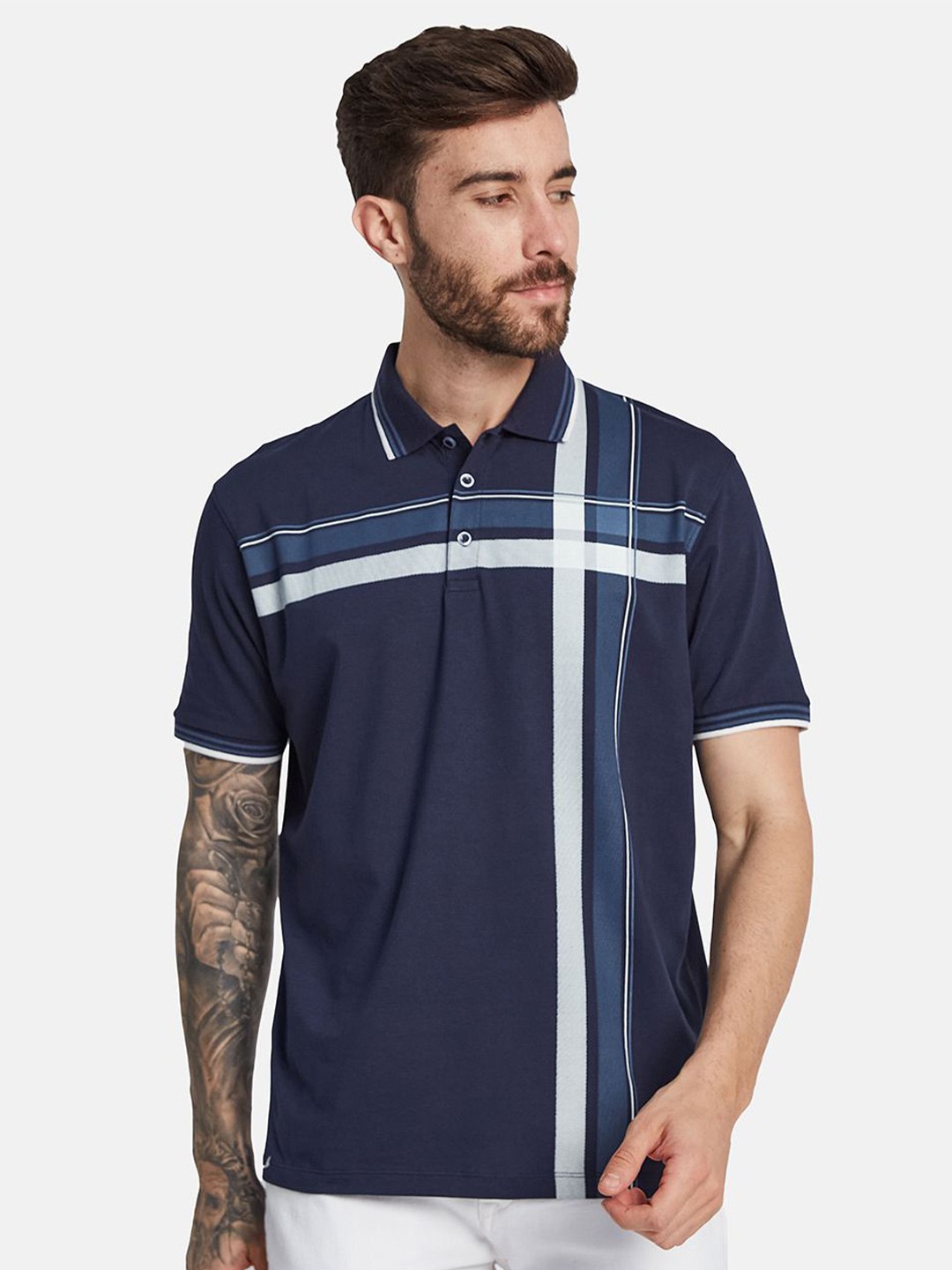 

Octave Men Striped Polo Collar T-shirt, Navy blue