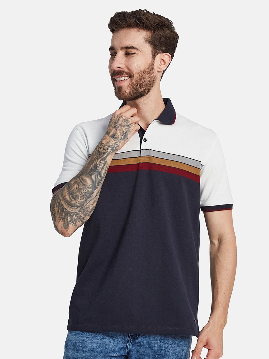 

Octave Men Colourblocked Polo Collar T-shirt, Navy blue
