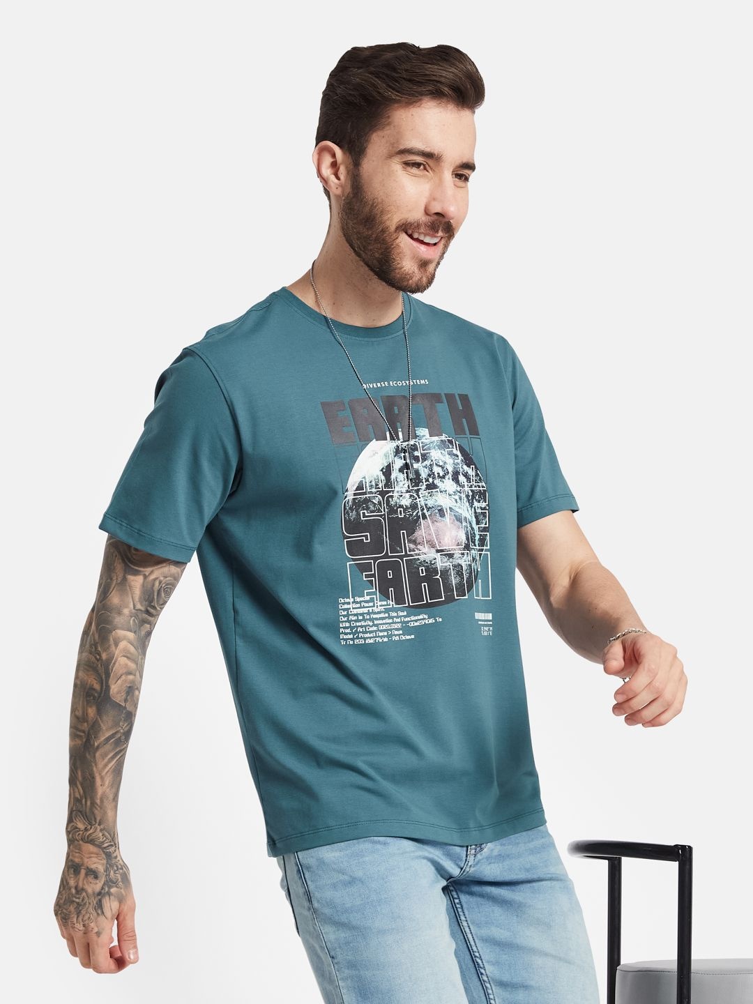 

Octave Men Typography Printed Round Neck T-shirt, Teal