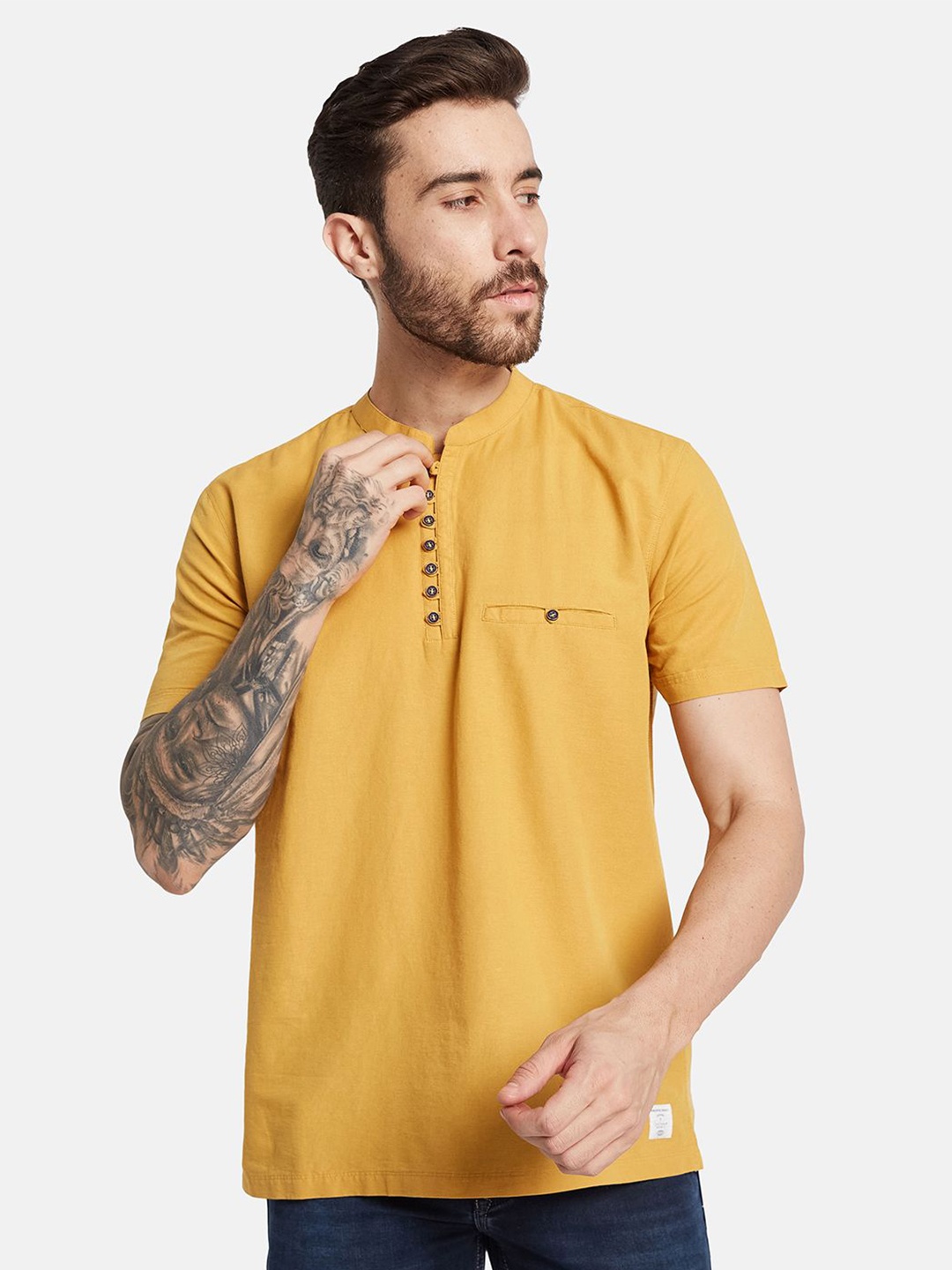 

Octave Men Solid Mandarin Collar Pockets T-shirt, Mustard