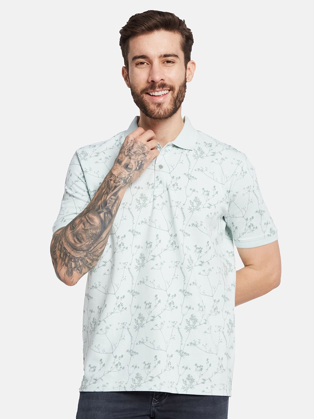 

Octave Men Tropical Printed Polo Collar T-shirt, Sea green