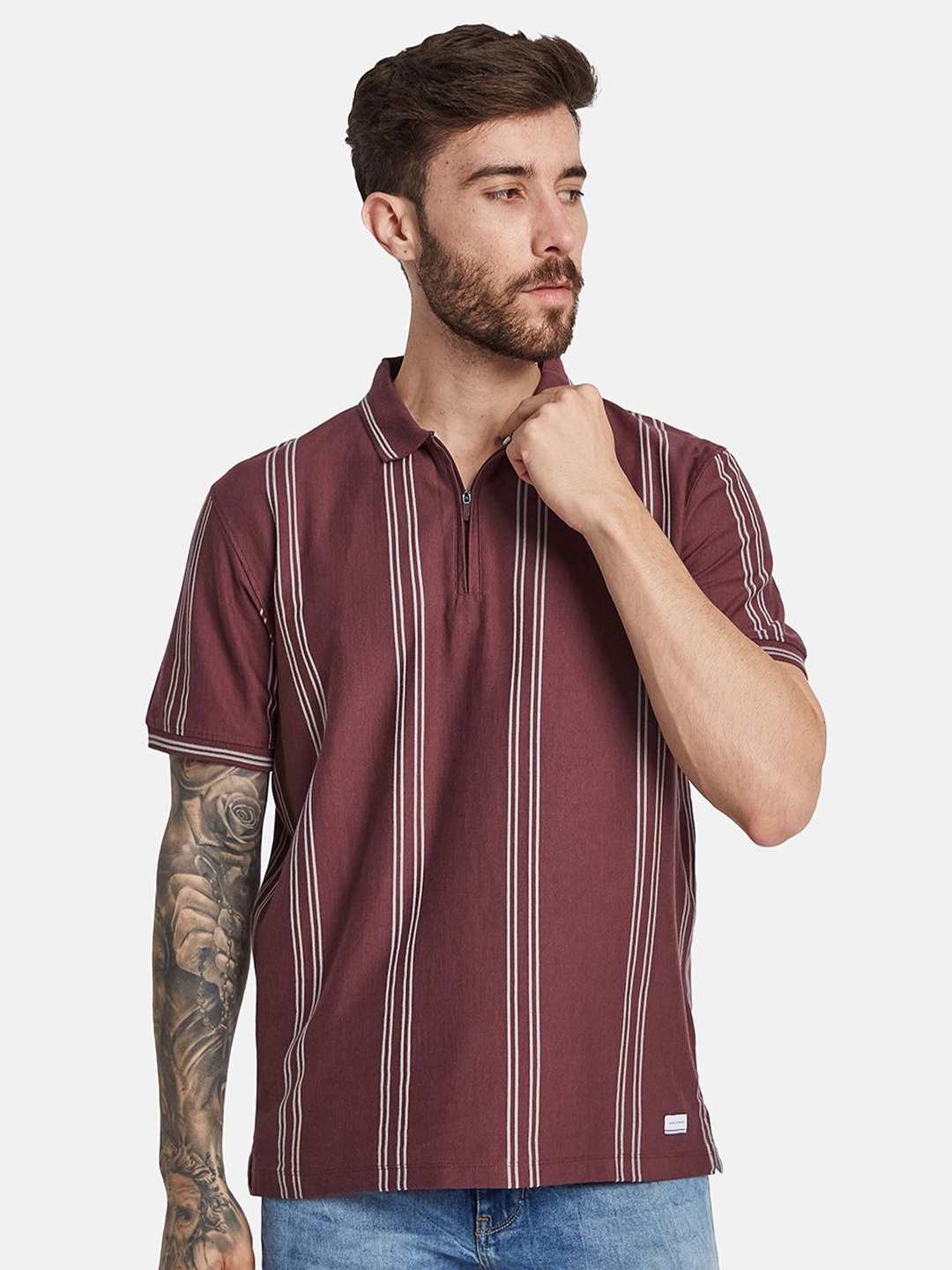 

Octave Men Striped Polo Collar T-shirt, Purple