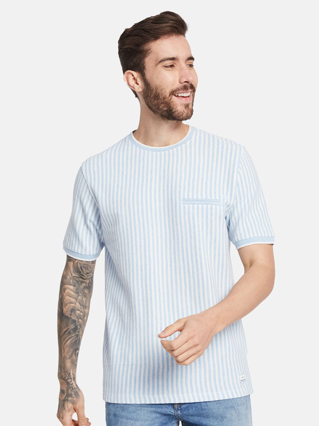 

Octave Men Striped Round Neck T-shirt, White