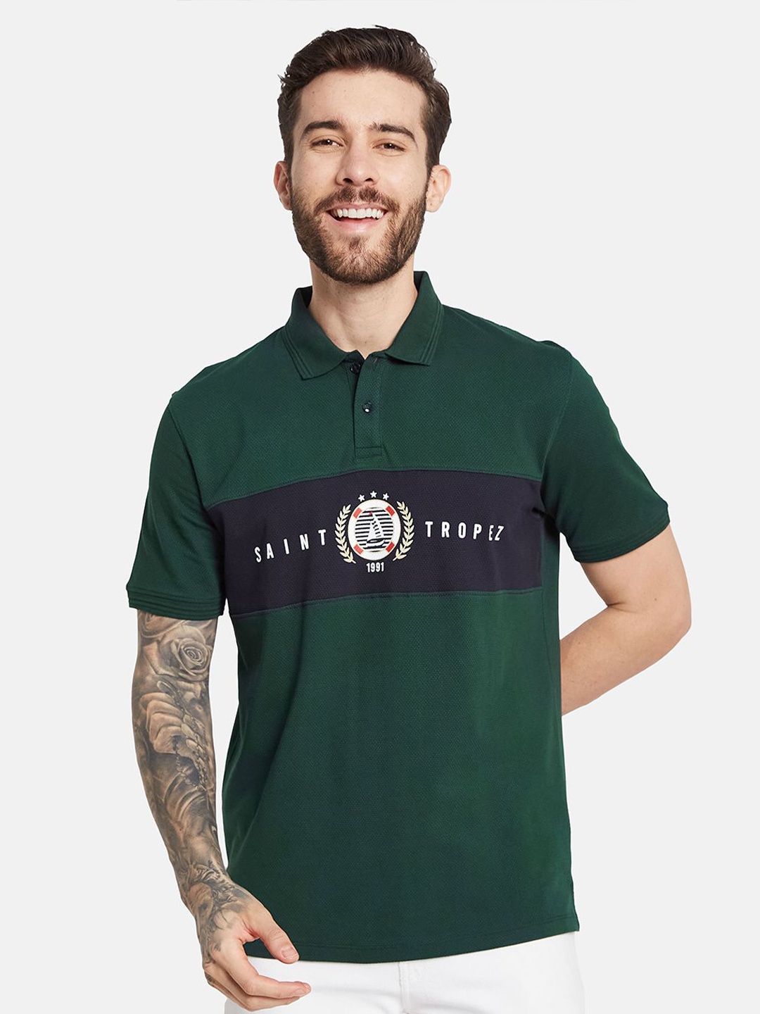 

Octave Men Typography Printed Polo Collar T-shirt, Green