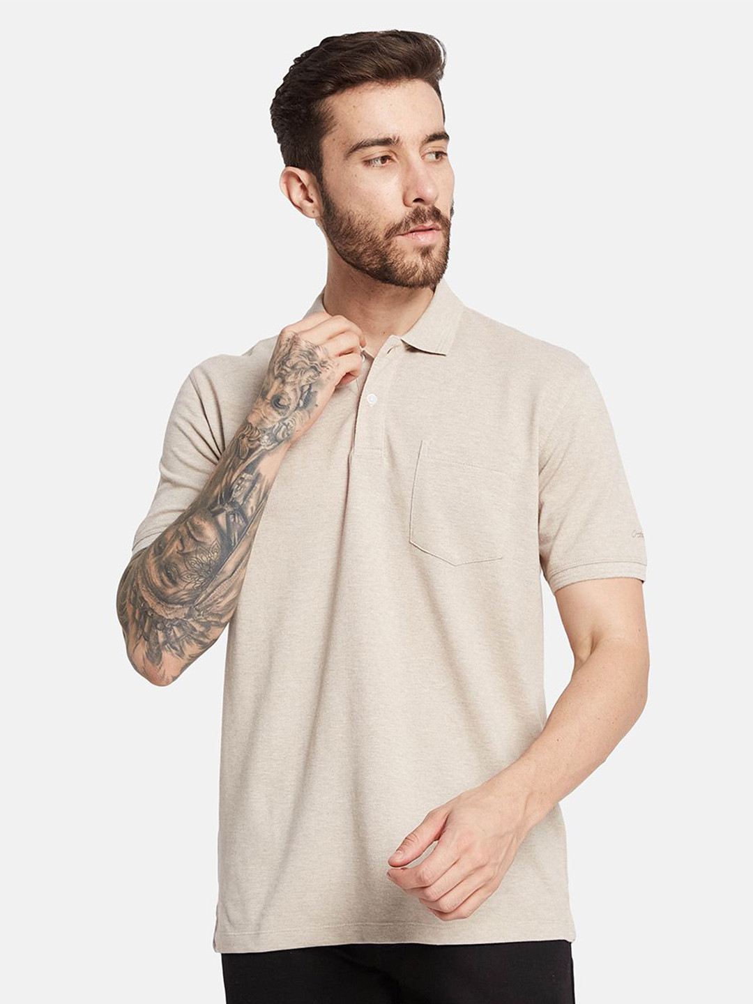 

Octave Men Solid Polo Collar Pockets T-shirt, Beige