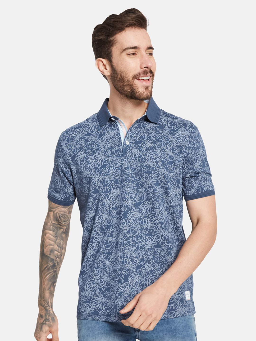 

Octave Men Floral Printed Polo Collar T-shirt, Blue