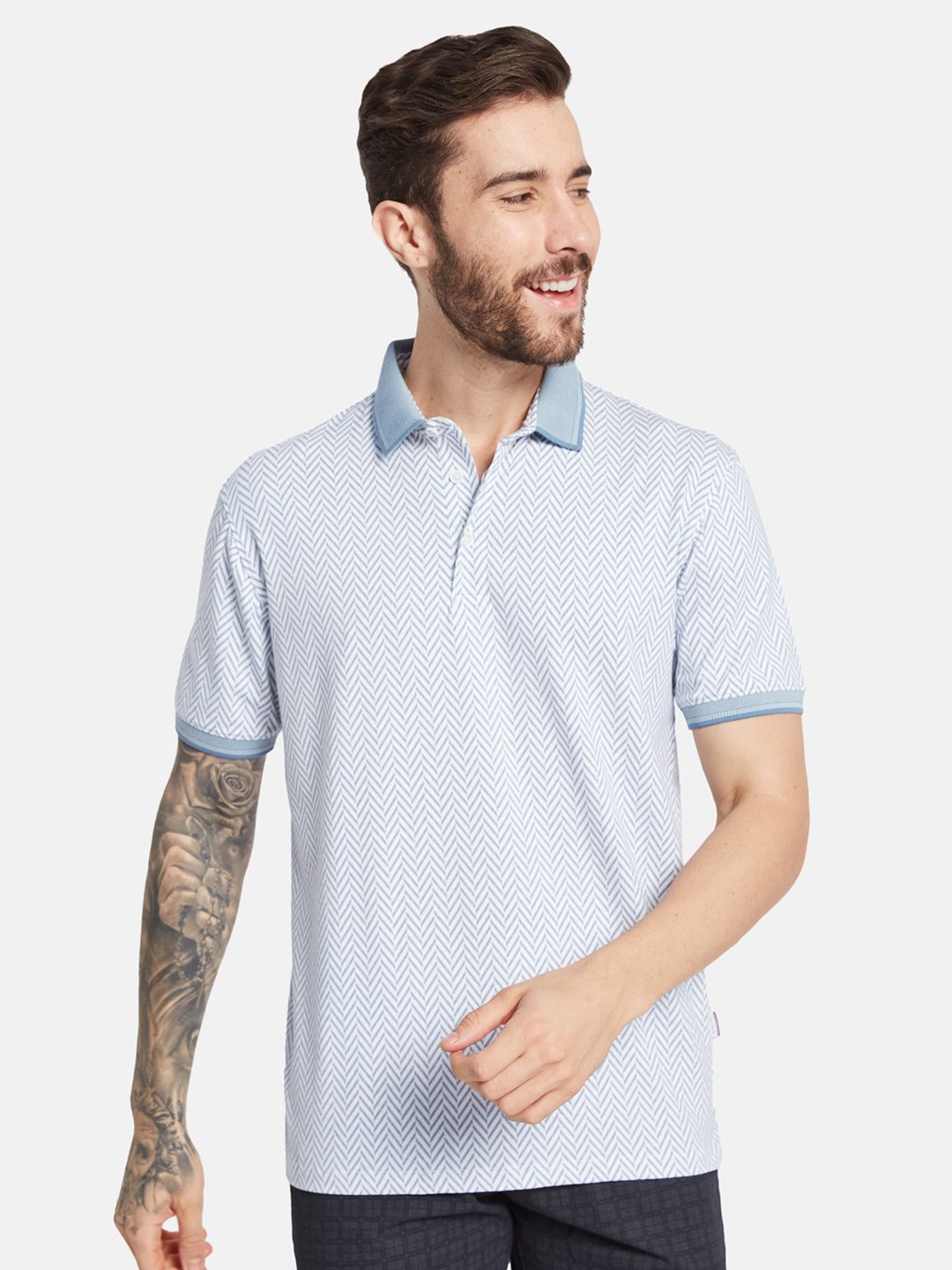 

Octave Men Geometric Printed Polo Collar Pockets T-shirt, Blue