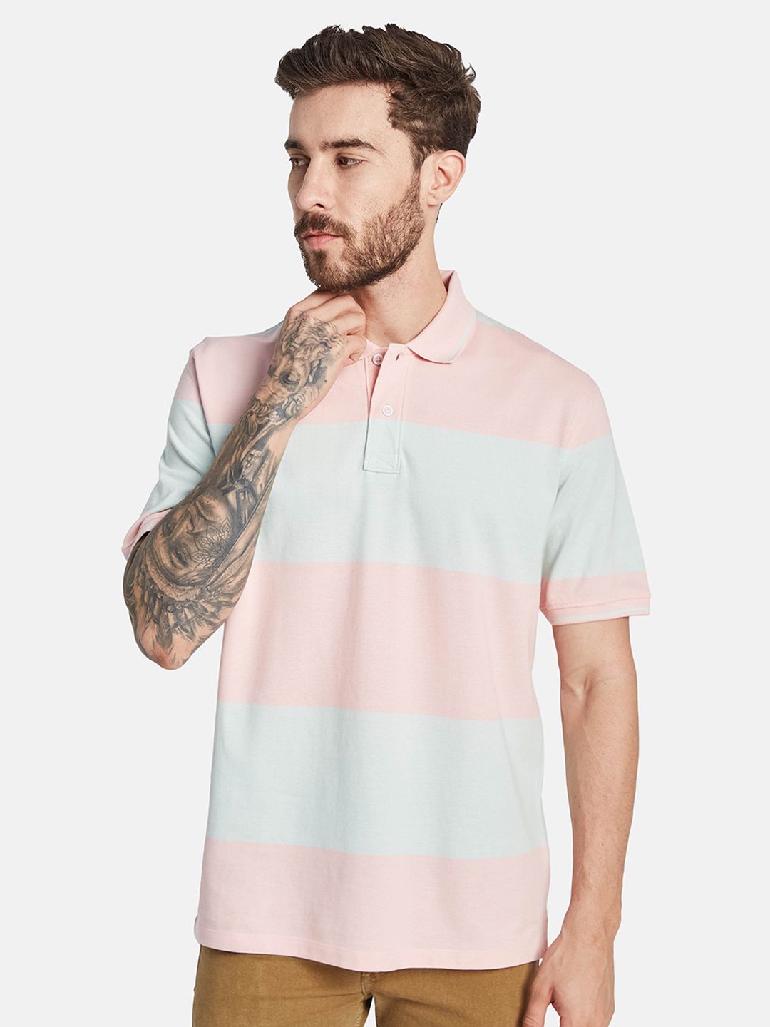 

Octave Men Striped Polo Collar Pockets T-shirt, Pink