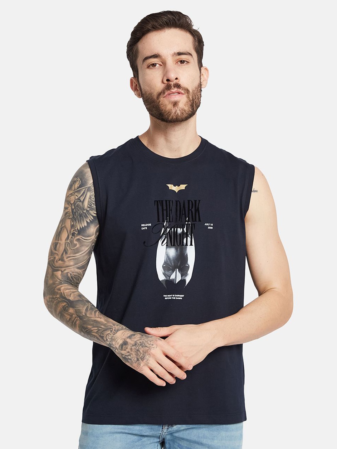 

Octave Men Typography Printed Round Neck Sleeveless T-shirt, Navy blue